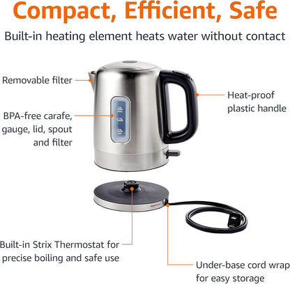 Amazon Basics Electric Stainless Steel Kettle for Tea and Coffee, BPA-Free, Fast Boiling, Auto Shut-Off, 1 Liter, 1500W, Black and Silver