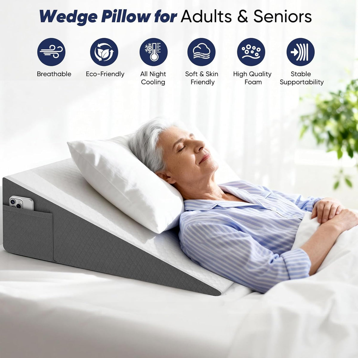 Bed Wedge Pillow for Sleeping & Resting, 8 inch Incline Pillow Wedge for Adults Seniors, Back Support and Leg Elevation, Cooling Memory Foam Top, Ideal for Couch, Bedroom & Living Room