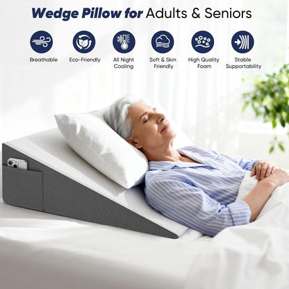 Bed Wedge Pillow for Sleeping & Resting, 8 inch Incline Pillow Wedge for Adults Seniors, Back Support and Leg Elevation, Cooling Memory Foam Top, Ideal for Couch, Bedroom & Living Room
