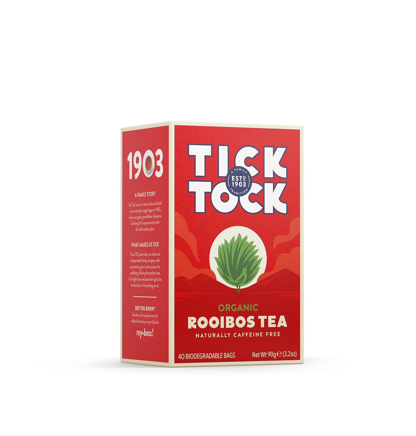TICK TOCK TEAS Organic Rooibos Tea Bags, Organic Original Rooibos Tea, 40 Count