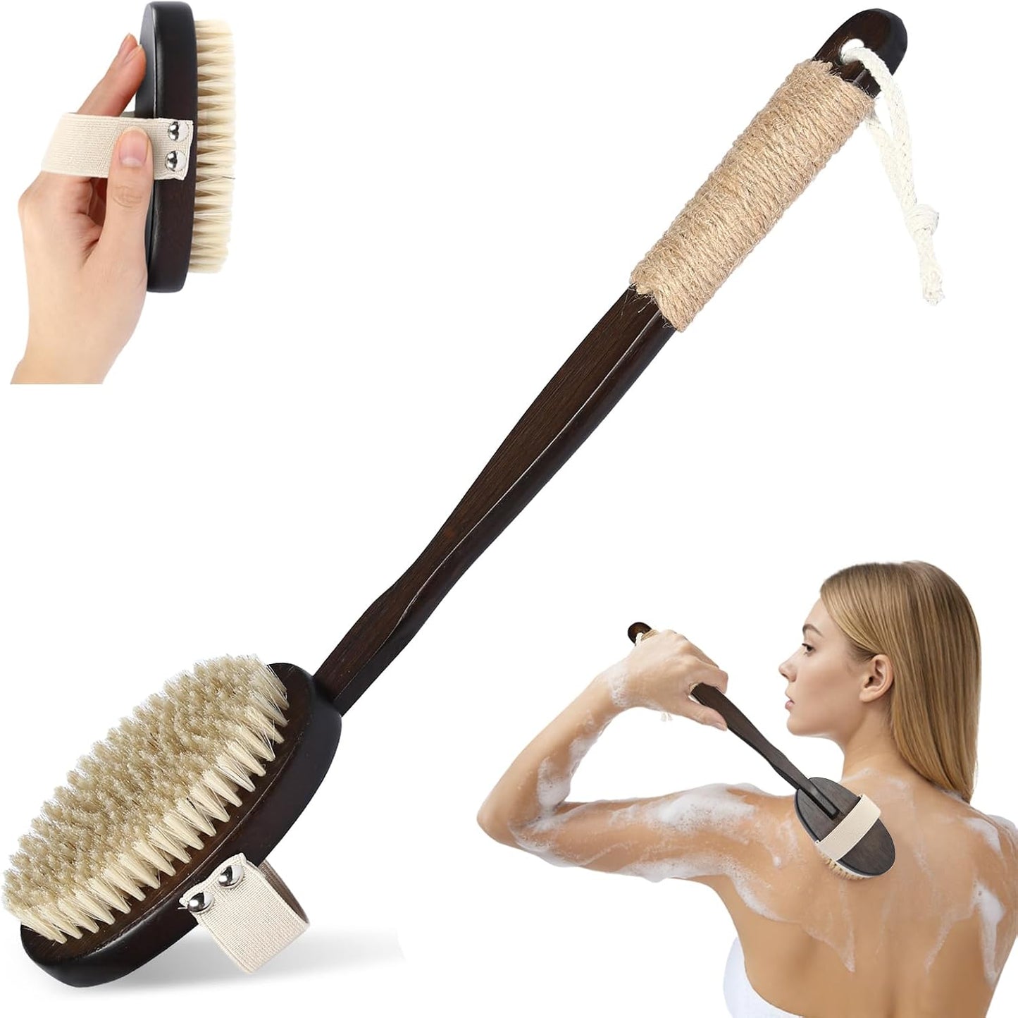 Back Scrubber for Shower, 15.7" Loofah with Handle, Back Shower Brush with Bristles and Loofah, Dry Brushing Body Brush for Cleanse Back and Hard to Reach Areas with Curved Long Handle