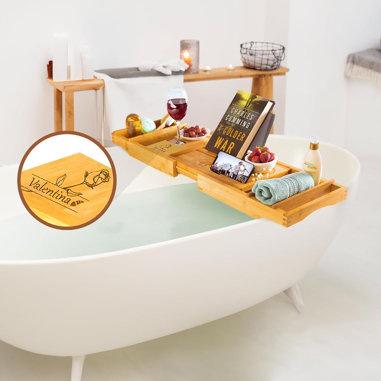 Bambüsi Bathtub Tray for Tub - Brown Bamboo Bath Tray, Expandable Wooden Bath Caddy Tray with Wine Holder, Book and Tablet Stand, Bathroom Accessories, Tub Table, Spa Bath Gifts for Women and Couples