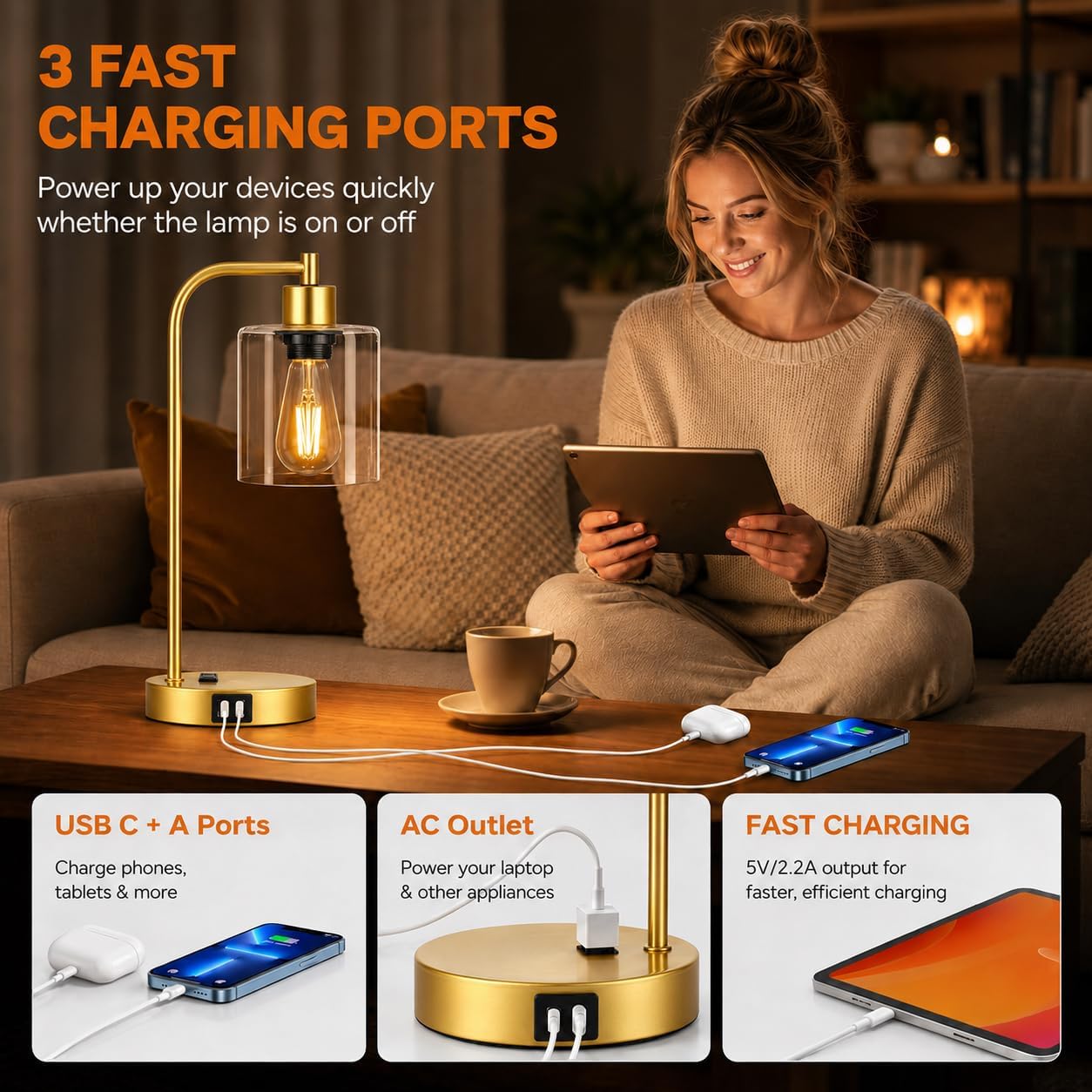 Set of 2 Industrial Touch Control Table Lamps with USB C+A Ports and AC Outlet - 3-Way Dimmable Black Bedside Lamps Nightstand Desk Lamps for Bedroom Living Room, Glass Shade & 2 LED Bulbs Included