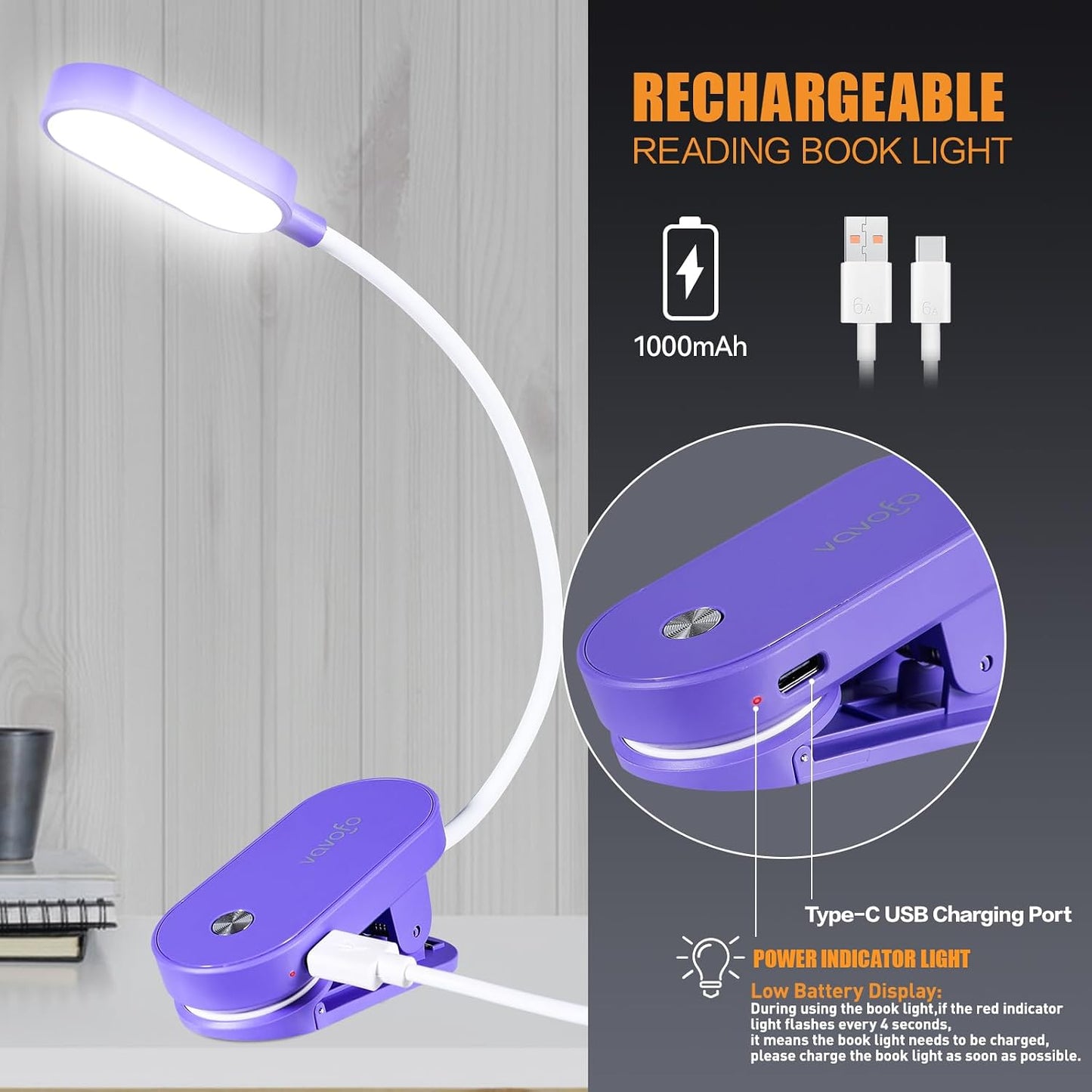 VAVOFO Rechargeable Book Light, 14 LEDs Eye Care Clip On Amber Reading Light for Bookworms Reading in Bed with 9 Colors 9 Brightness (White-Blue)