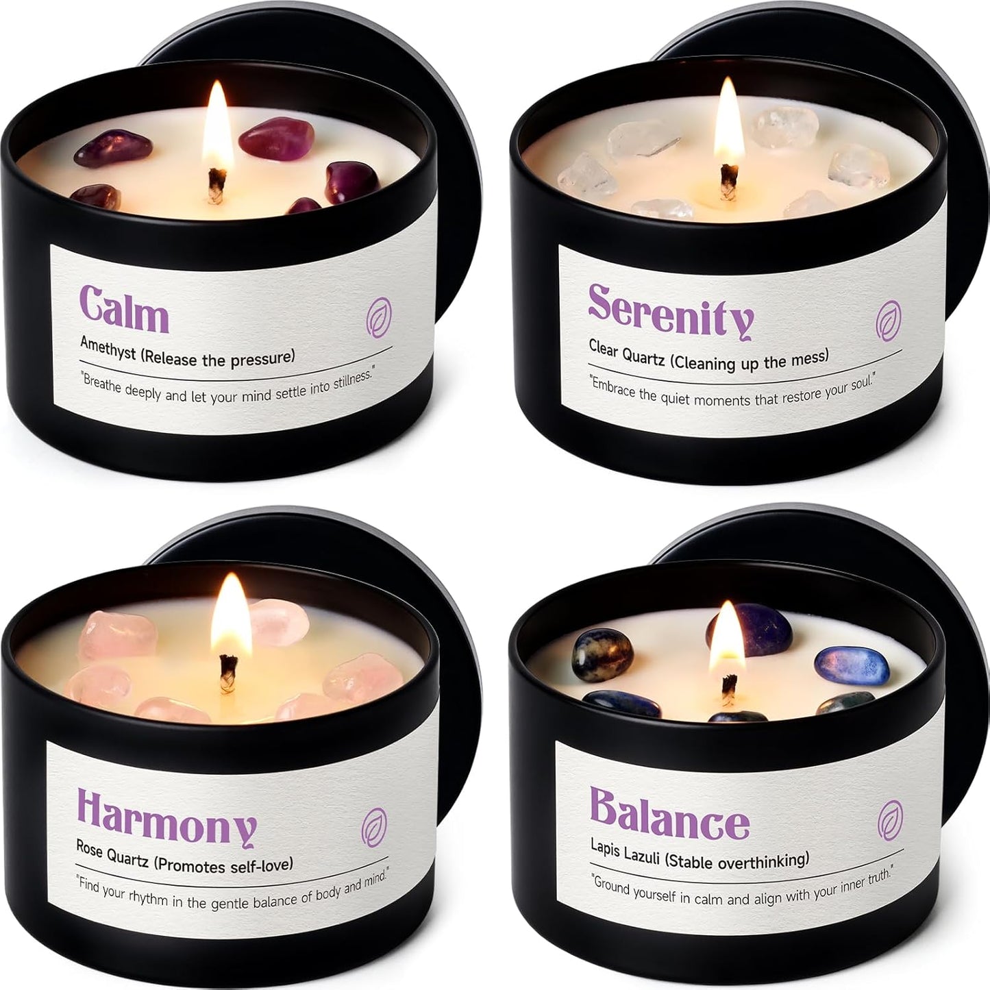 AOOVOO Crystal Energy Candles Set for Women - 4 Pack 26 oz Soy Wax Candles for Home Scented, 200 Hour Long Lasting Candle, Laughter Red Crystal/Love Rose Quartz/Joy Citrine/Passion Red Quartz