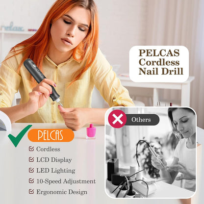 PELCAS Electric Nail Grinder, 10 Speeds Cordless Nail Drill with LED Light, Portable Manicure and Pedicure Kit, Nail File with LCD Screen for Human, Pet, Thick Toenails, Natural & Acrylic Nails Grey