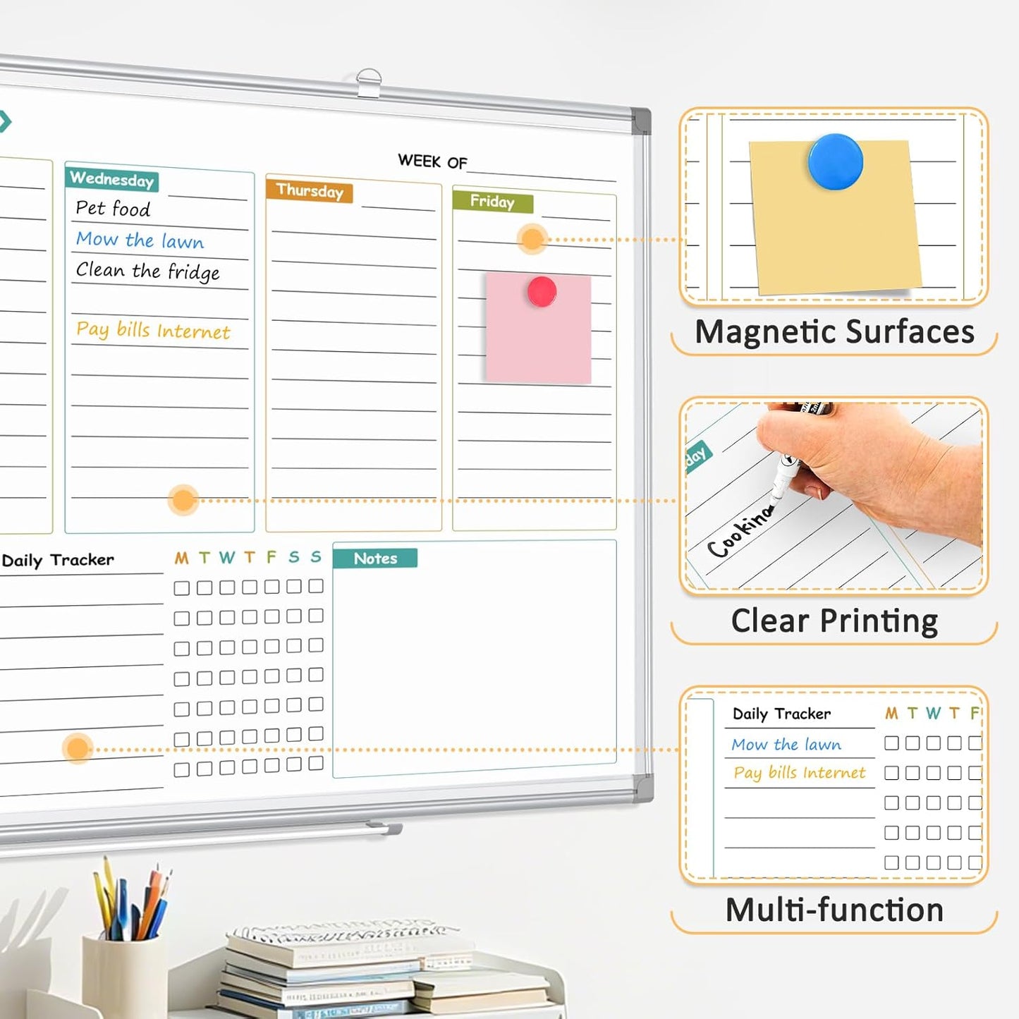 Dry Erase Calendar Whiteboard for Wall, 24"x18" Magnetic Monthly White Board Cork Board Combo, Double Sided, Aluminum Frame, Wall Hanging Wipe Board for Home, Office, School, Dorm