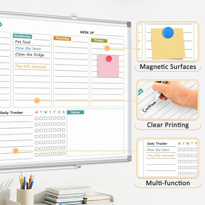 Dry Erase Calendar Whiteboard for Wall, 24"x18" Magnetic Monthly White Board Cork Board Combo, Double Sided, Aluminum Frame, Wall Hanging Wipe Board for Home, Office, School, Dorm