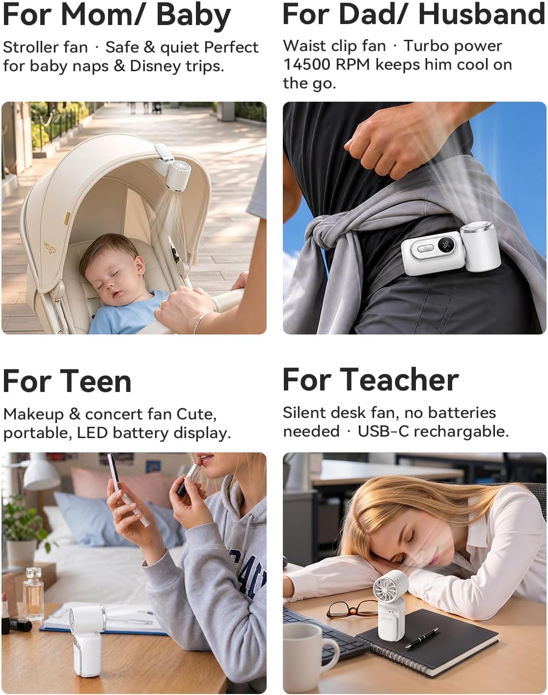 Mini Clip on Fan Handheld, 3000mAh Rechargeable Portable Fan with LED Display, 3-in-1 Personal Cooling Fan, 4 Speeds Quiet USB C Fan for Stroller Desk Travel Camping Office for Women Men Kids, Black