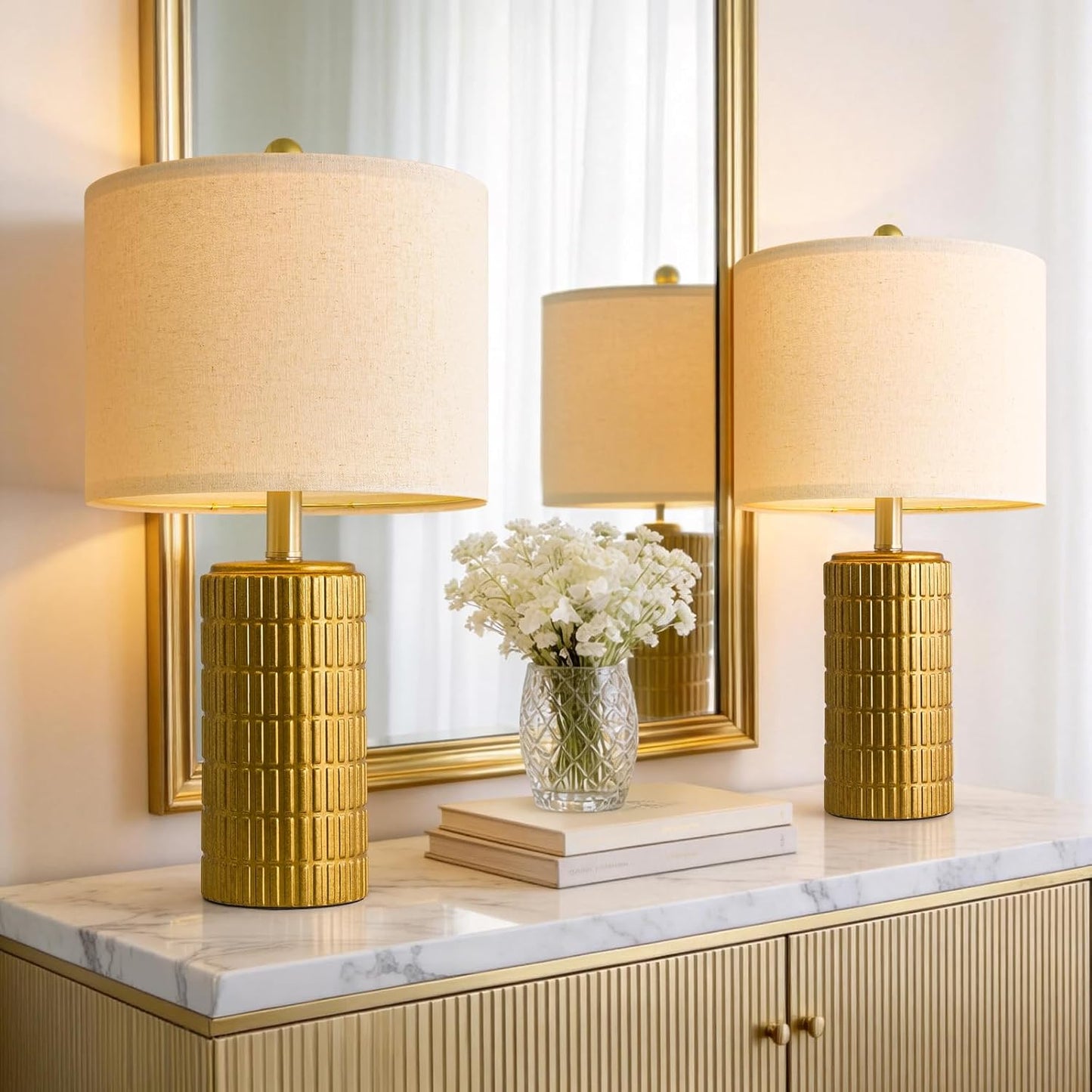 PoKat 20.75" Small Modern Ceramic Table Lamps Set of 2 for Bedroom, White Bedside Lamps for Night Stands, Farmhouse Desk Home Decor Gift Nightstand Table Lamps for Living Room End Table Beige