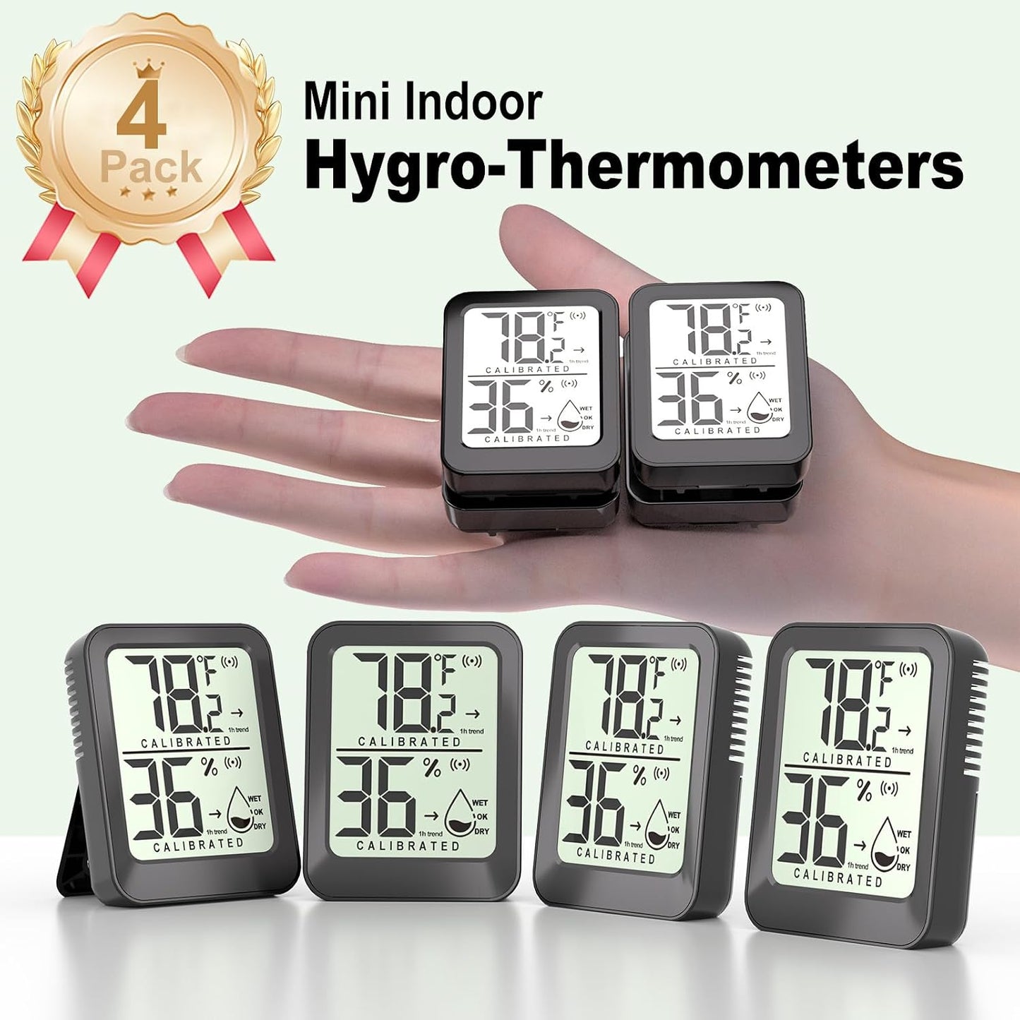 Antonki 4 Pack Mini Room Thermometer Hygrometer Indoor Temperaure and Humidity Monitor Gauge Meter for Home, Baby Room, Office, Incubator, Greenhouse, Reptile - Battery Included - Black