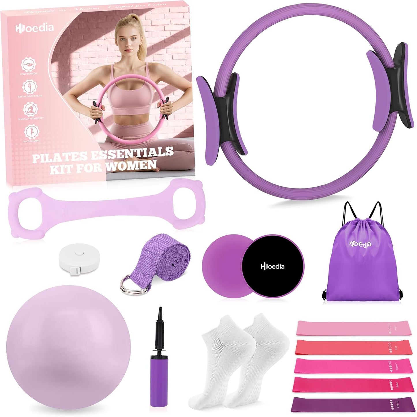 Hoedia Pilates Kit for Women, Pilates Equipment Ring and Ball Set with Resistance Bands, Yoga Strap, Core Sliders, Socks, Bag & Guide for Starter Home Workout Fitness Gym Essentials