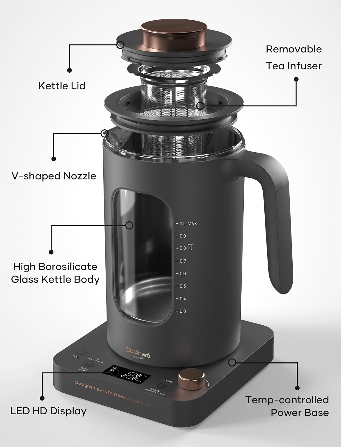 INTASTING Electric Tea Kettle with Infuser, ±1℉ Temperature Control, 1L