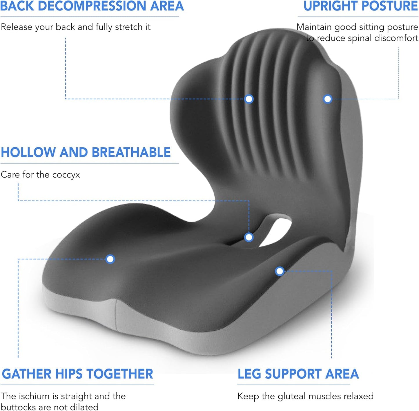 Ergonomic Waist Support and Seat Cushion, 2-in-1 Memory Foam Pad, Hollow Design for Coccyx, Suitable for Office Chairs, Car Safety Seats and Household Use - Relieves Lower Back and Hip Pain (Grey)