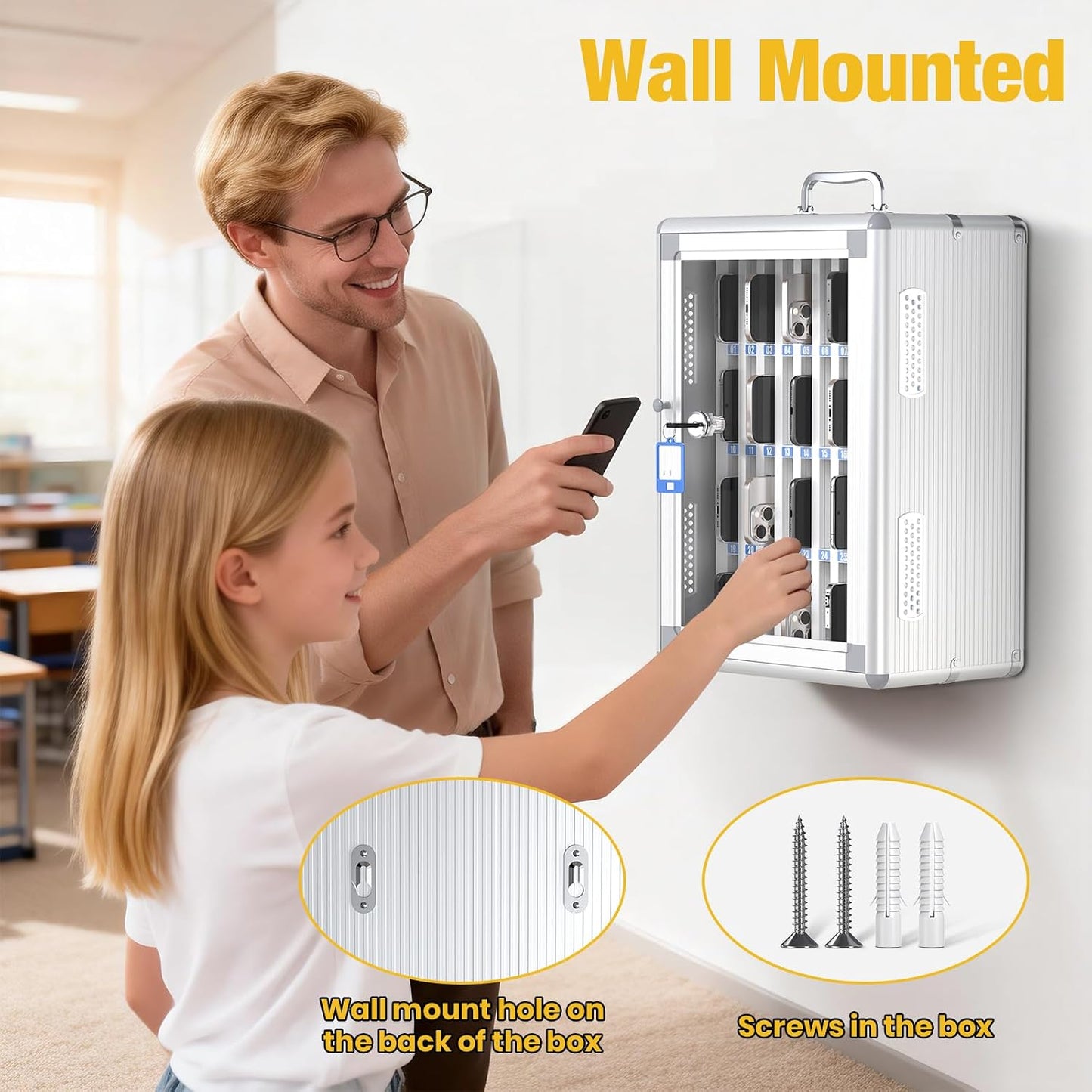 Glosen 24 Slots Cell Phone Locker, Portable Phone Storage Cabinet [Wall Mounted] [Aluminum Alloy] Cellphone Lock Box with Key & Handle for School Classroom Office Exam (Black)