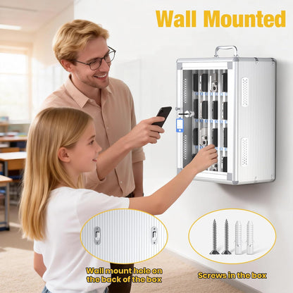 Glosen 24 Slots Cell Phone Locker, Portable Phone Storage Cabinet [Wall Mounted] [Aluminum Alloy] Cellphone Lock Box with Key & Handle for School Classroom Office Exam (Black)