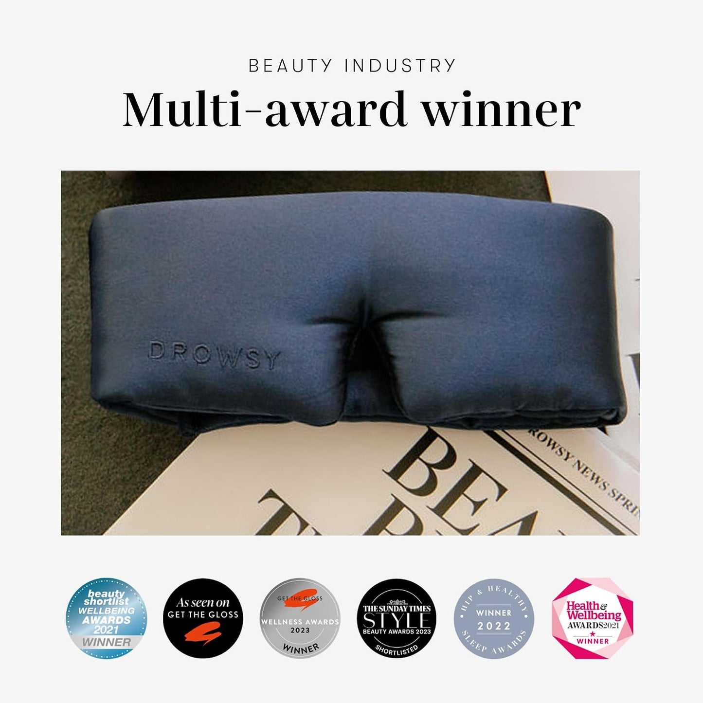 DROWSY Eyelash Protecting Silk Sleep Mask for Natural Lashes & Extensions. Deep Eye Cups, Zero Pressure, Total Blackout, Full Wraparound (Moonlight Shadow)