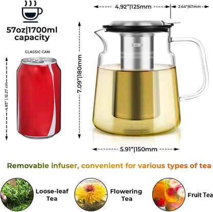 Aquach 51oz Glass Teapot with Infuser, Stovetop Safe Borosilicate Tea Pot | Dishwasher Safe, Plastic-free, Precise Loose Leaf Filter, Easy-clean Opening, Sharing Capacity