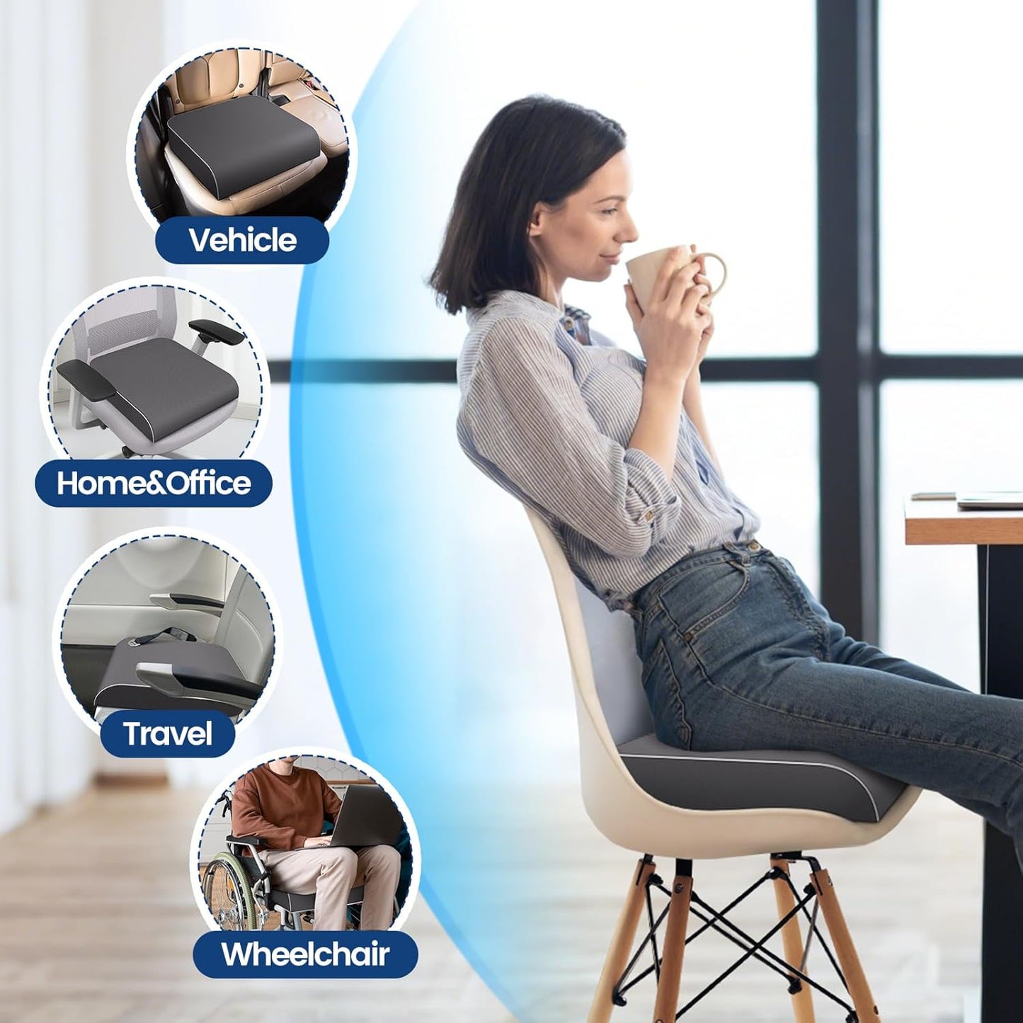 SweetSlubr Seat Cushion for Tailbone Pain Relief, Office Chair Cushion, Chair Pad, Memory Foam Large Cushion with Non-Slip Cover for Soft Support at Office Chair, Car Seat, Airplane, Black/Large