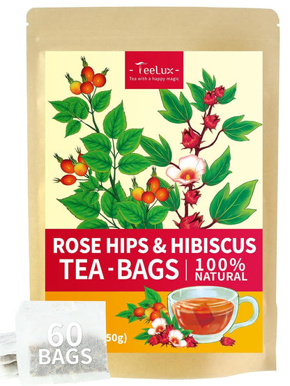 TeeLux Rosehip & Hibiscus Tea Bags, Tart & Fruity Taste, 60 Count