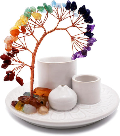 5 in 1 Incense Burner Holder with Crystal Healing Tree, Palo Santo Holder, Sage Holder, Incense Holder for Sticks/Cones/Candles, Ceramic Tray Ash Catcher for Burning Incense, Meditation Gift