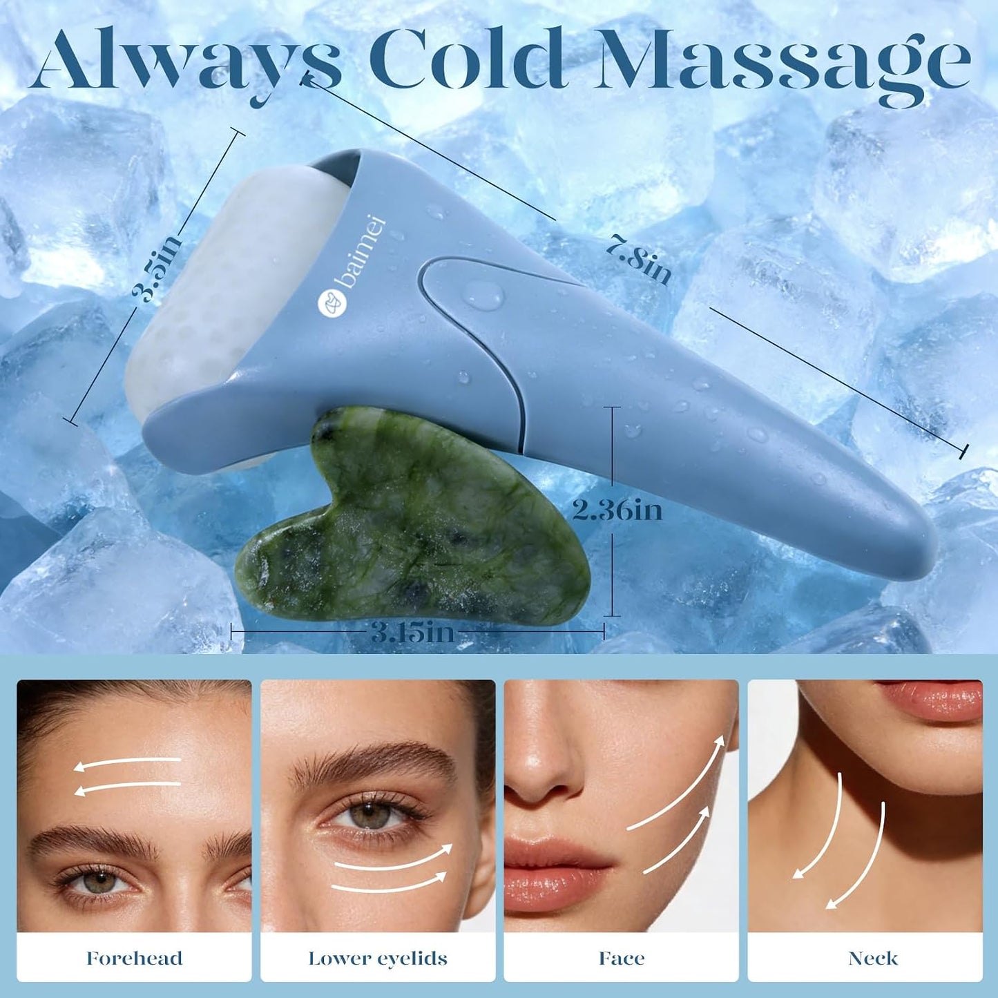 BAIMEI IcyMe Ice Roller for Face and Gua Sha Facial Tool Set, Ice Face Roller Reduces Puffiness Relieves Migraines Skin Care Tools, Self Care for Women - Pink