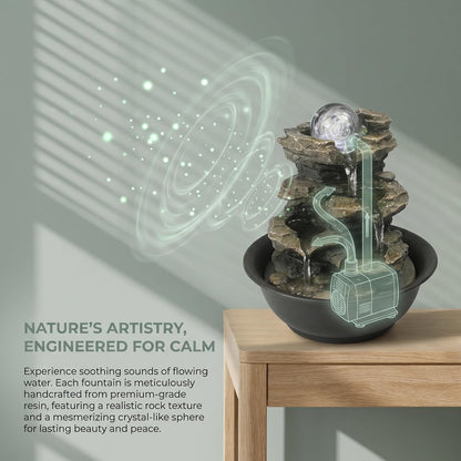 8.3” H Indoor Zen Tabletop Water Fountain, Rock Cascading Waterfall with Spinning Crystal Ball & LED Light for Home Office Decor