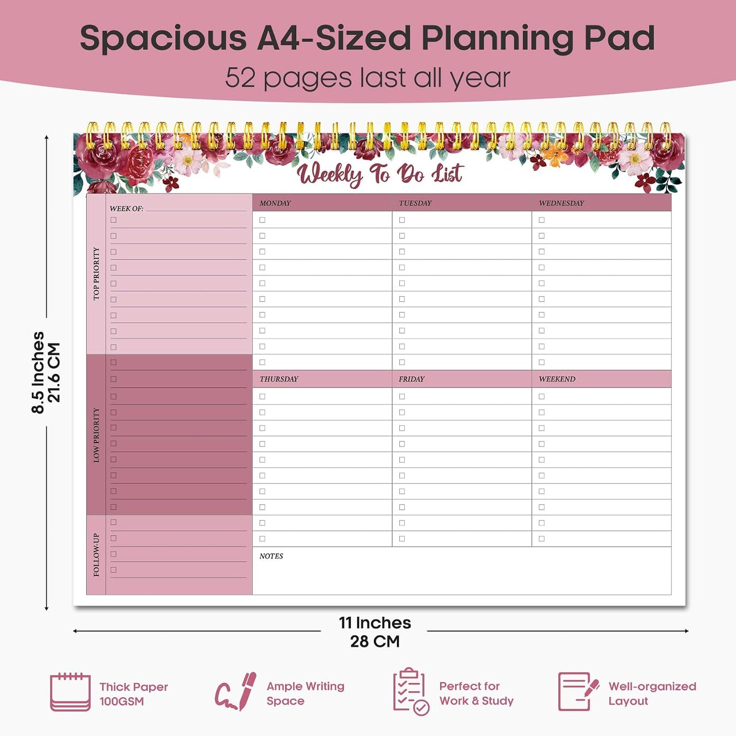 Taja Weekly To Do List Notepad with 52 Undated Sheets（8.5"×11"）- Weekly Desk Planner for Women & Man, Work and Home -1 Pack Violet Dream