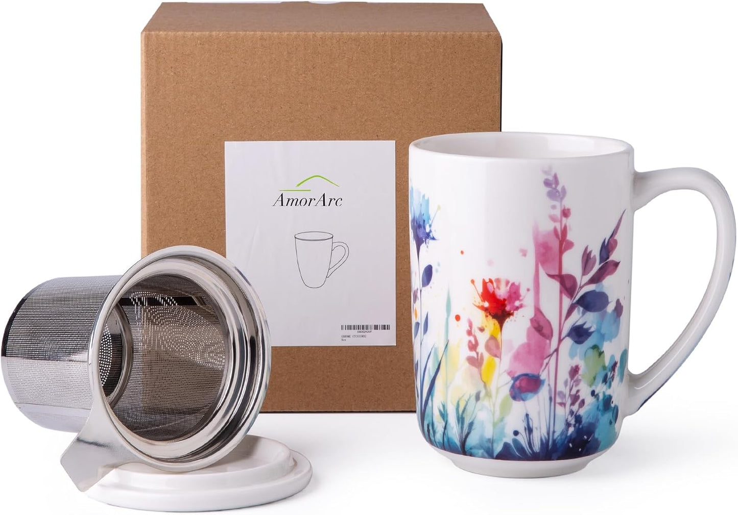 AmorArc Porcelain Tea Mug with Infuser and Lids, 18 Oz Large Cup Strainer with Bag Holder for Loose Leaf Tea, Steeping Coffee Mug for House-warming Wedding Birthday Gift