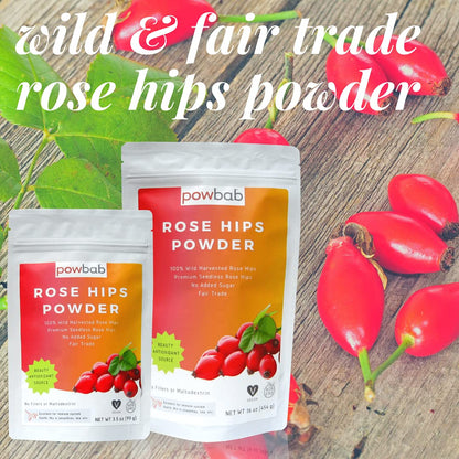 powbab Rose Hips Powder from 100% Wild Organic Rosehip. Premium Rosa Rubiginosa. Seedless Ground Rosehips from Whole Dried Rose Hips. No Added Sugar. Fair Trade (3.5 oz)