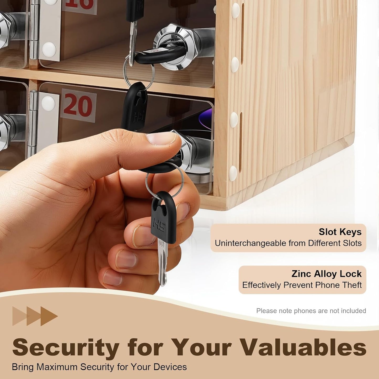20-Slot Cell Phone Locker Box, Wood/Acrylic, Wall/Desk with Locks and Keys
