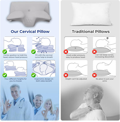Cervical Pillow for Neck Pain Relief, Cooling Contour Memory Foam Pillows Support Odorless Ergonomic Neck Pillow Adjustable Orthopedic Bed Pillow for Side Back Stomach Sleeper with Pillowcase,Grey