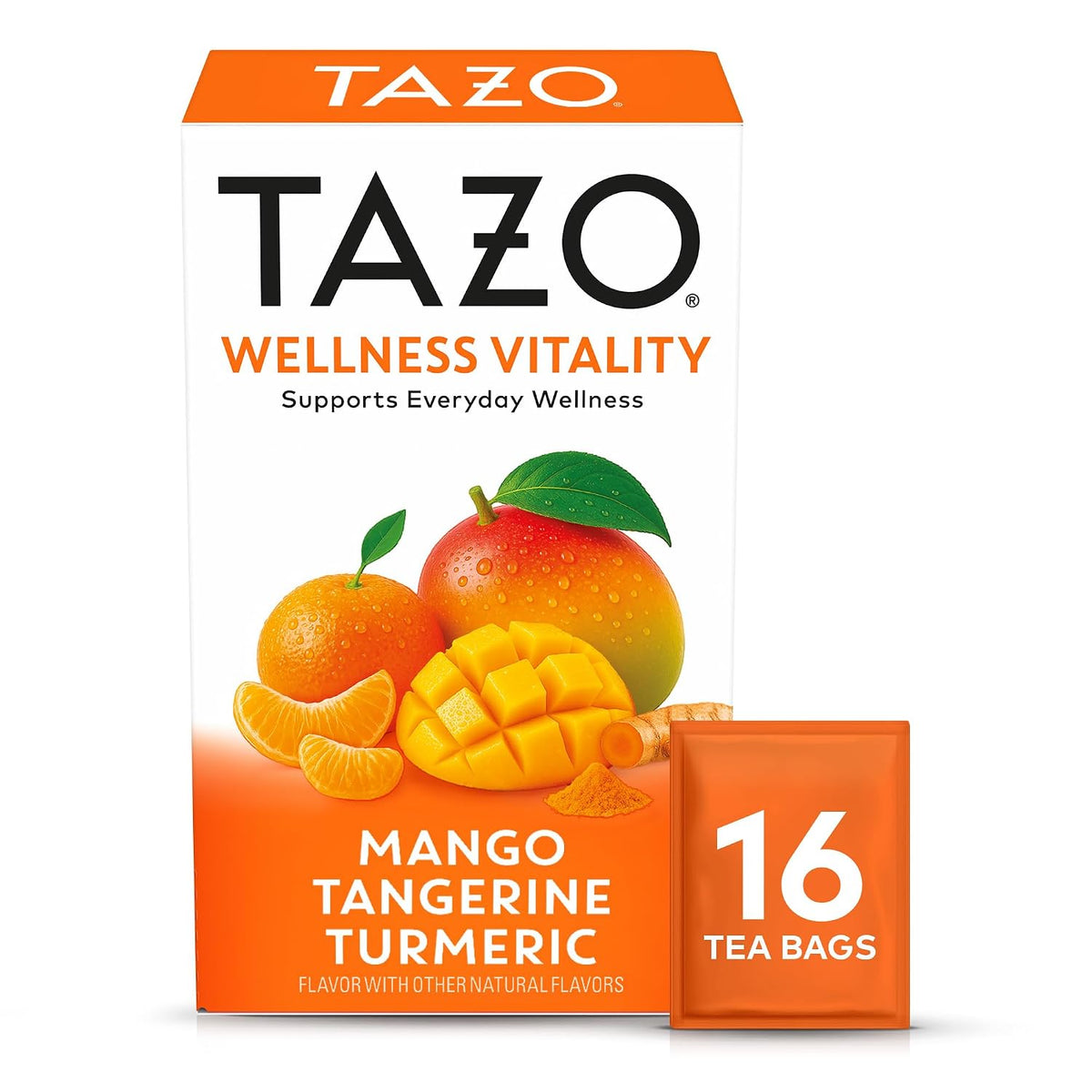 TAZO Herbal Tea Bags, Wellness Vitality Mango Tangerine Turmeric, 16 Count (Pack of 1)
