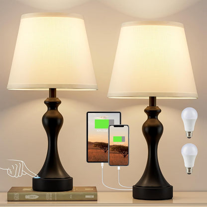 Seealle Touch Lamps for Nightstand - Bedside Lamps Set of 2, 3 Way Dimmable, USB C+A for Bedroom & End Tables (LED Bulbs Included)