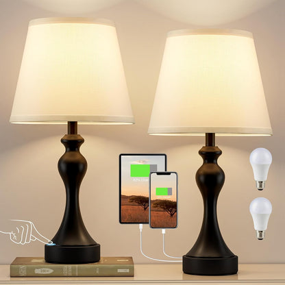 Touch Lamps for Nightstand, 3 Way Dimmable Bedside Lamps with USB C+A Ports