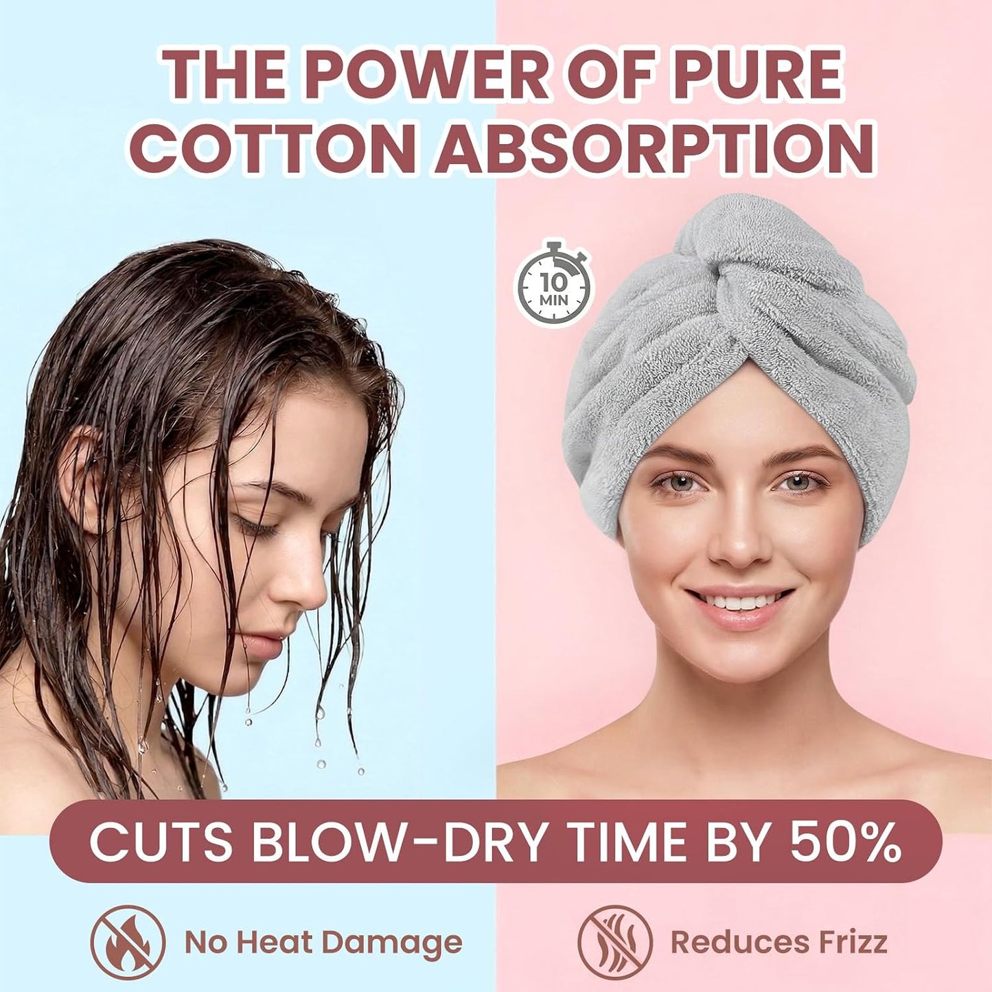 Mandydov 100% Cotton Hair Towel Wrap for Women, 2 Pack Thickened & Super Absorbent Turbans, Anti Frizz Quick Dry Hair Towels (Blue, Pink Blush)