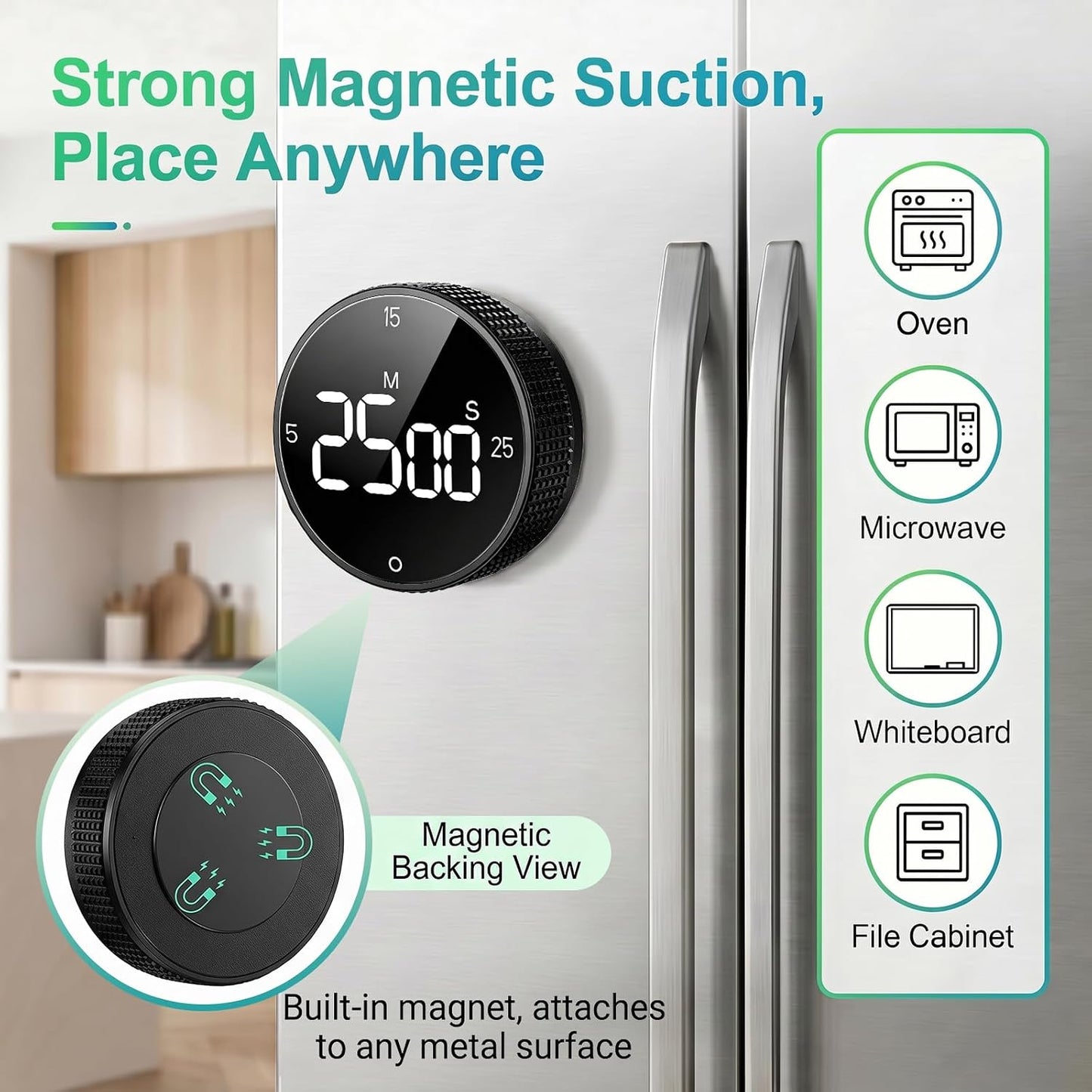 Digital Kitchen Timer, Magnetic Visual Pomodoro Clock with Large LED Display, 3 Preset Times (5/15/25) for Cooking Baking Fitness