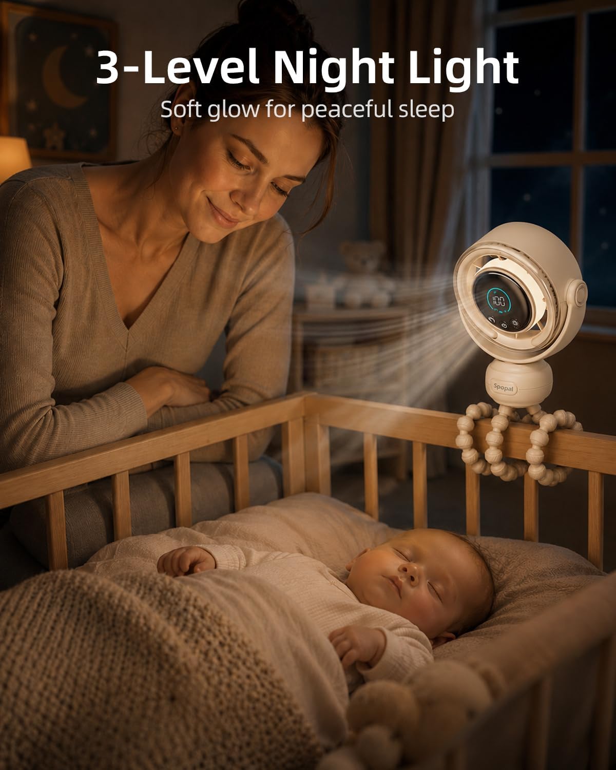 Spopal Portable Baby Stroller Fan, 120° Auto Swing, LED Display- Beige