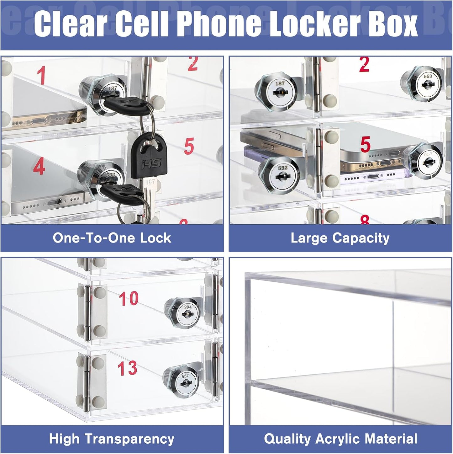 Layhit 20 Slots Cell Phone Locker Box for Classroom Clear Acrylic Cell Phone Storage Cabinet Bin with Door Locks for Classroom School Students Office Factory Employees