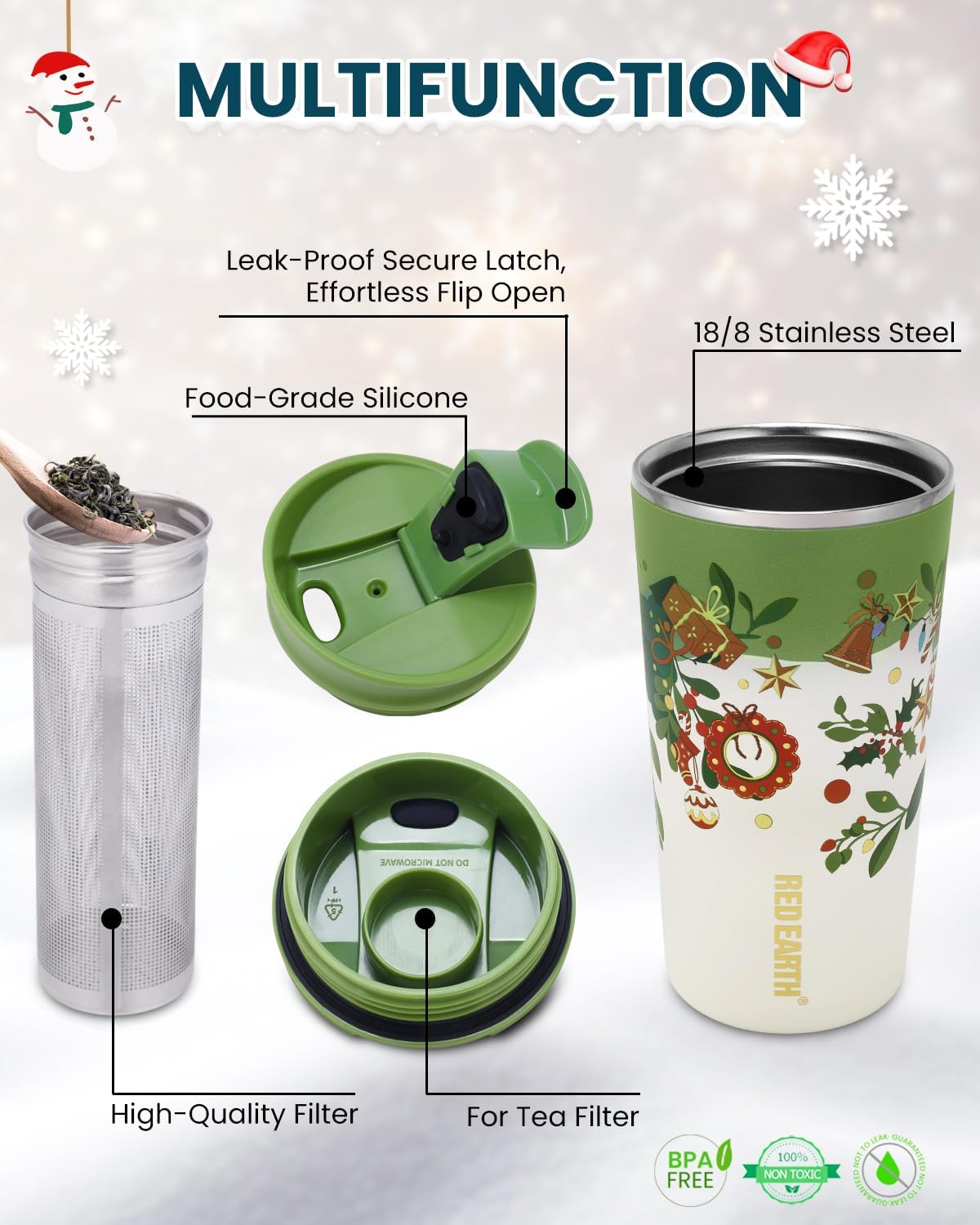 GiNT 17oz Travel Tea Mug with Infuser, 2 Lids. Vacuum Insulated 316 Stainless Steel Coffee Mug. Dishwasher Safe Tea Cup with Strainer for Hot & Cold Brew Coffee. Mothers Day Gifts for Mom (Green)