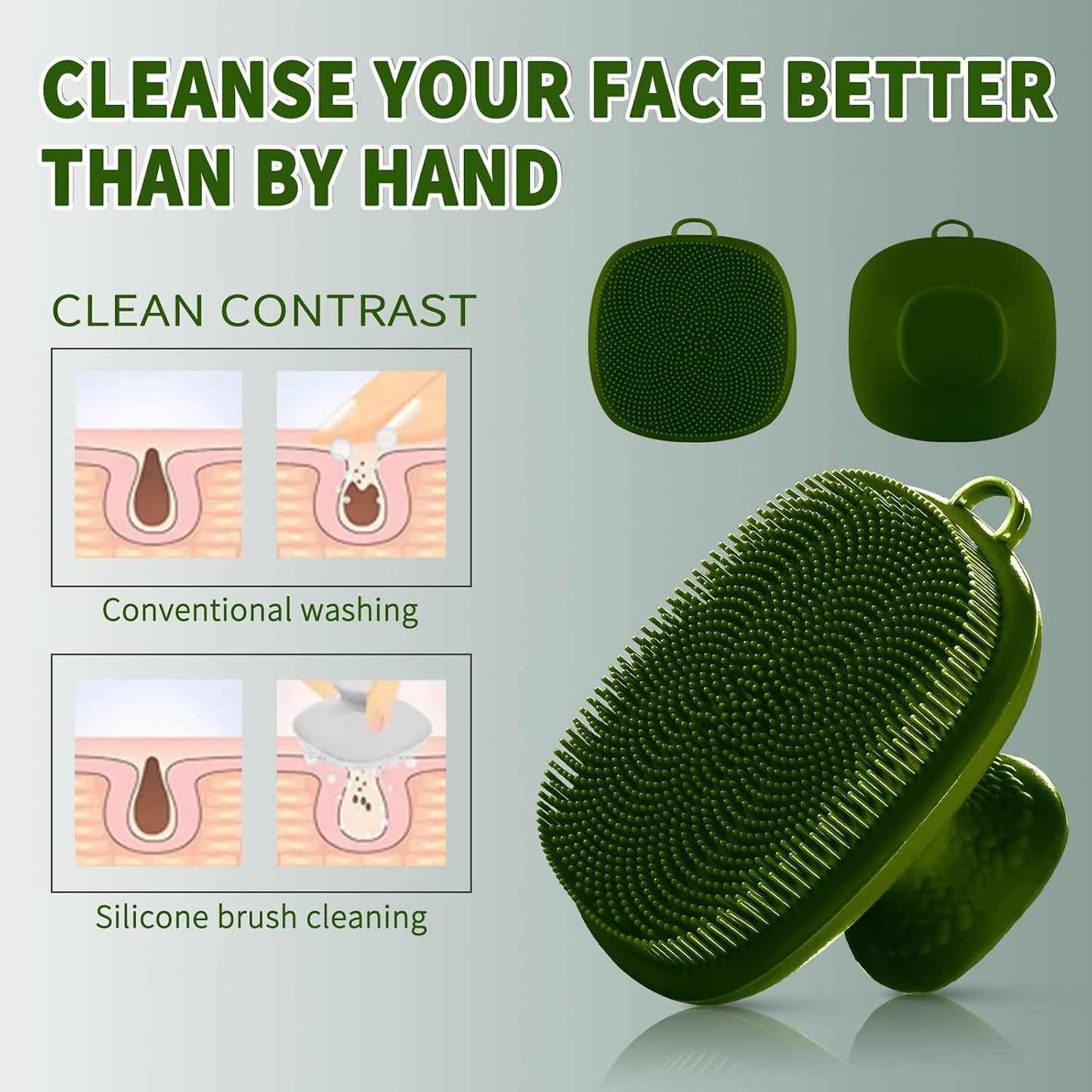 Back Scrubber for Shower & Face Scrubber, 2Pcs Silicone Exfoliating Brush Set with 17In Long Handle, Soft Body & Facial Cleansing Scrubber for Men Women