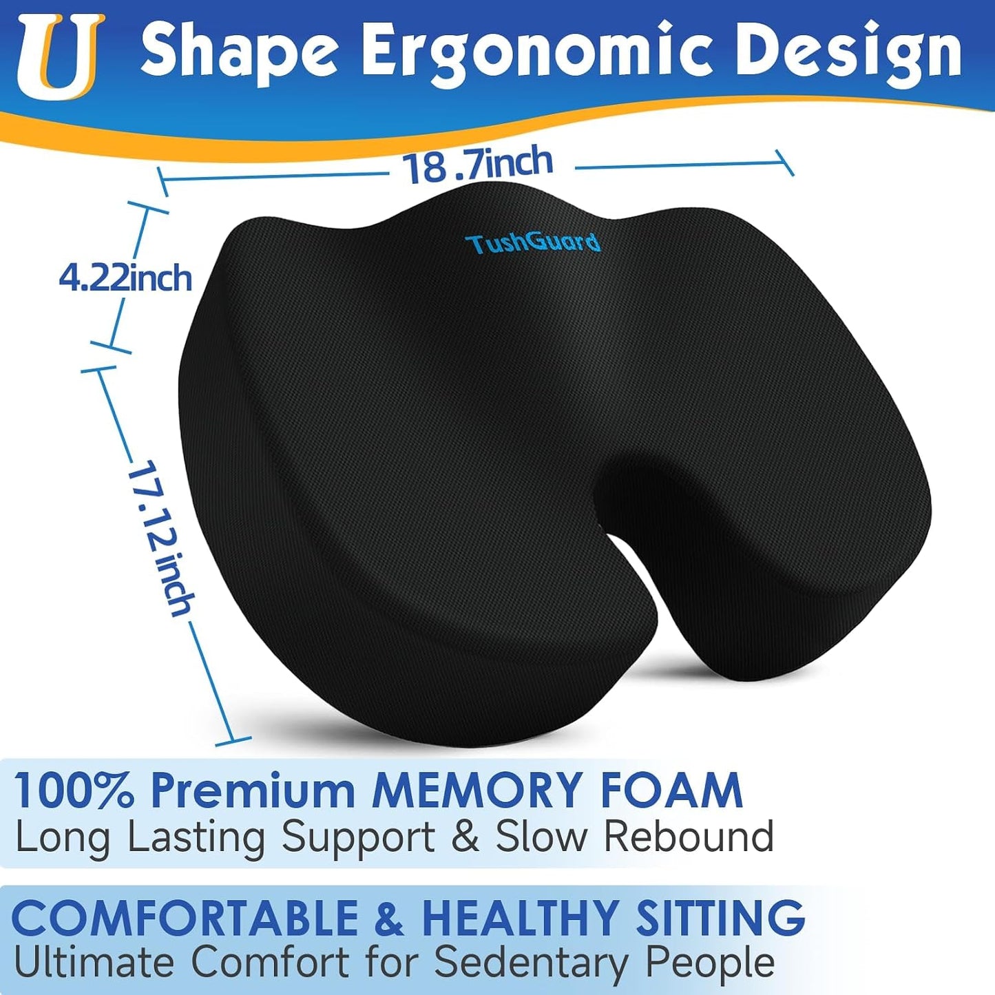 TushGuard Seat Cushion for Office Chair Memory Foam Non-Slip Desk Seat Cushion Back, Coccyx, Sciatica, Tailbone Pain Relief Butt Pillow for Office Chair, Car, Wheelchair, Black