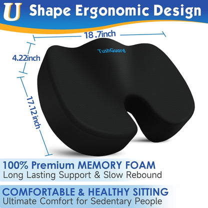 TushGuard Seat Cushion for Office Chair Memory Foam Non-Slip Desk Seat Cushion Back, Coccyx, Sciatica, Tailbone Pain Relief Butt Pillow for Office Chair, Car, Wheelchair, Black
