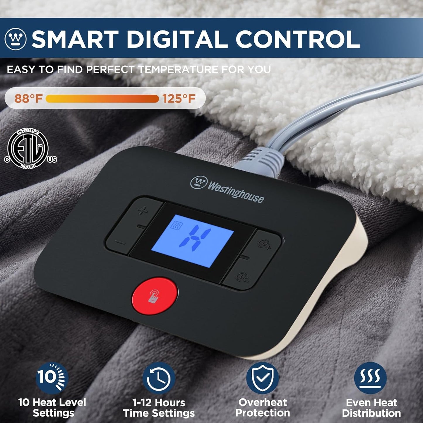 Westinghouse Heated Throw Blanket, Electric Blanket Throw with 6 Heating Levels and 2-10 Hours Time Settings, Flannel to Sherpa Super Cozy Heated Blanket Machine Washable, 50x60 inch, Charcoal