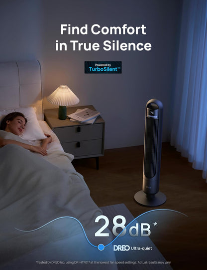 DREO Tower Fan for Bedroom, 90° Oscillating Standing Fans for Room with 4 Speeds, 3 Modes, 28dB Quiet for Sleep, 26ft/s Velocity, 8H Timer, Remote, Living Room, Office, Home, Black