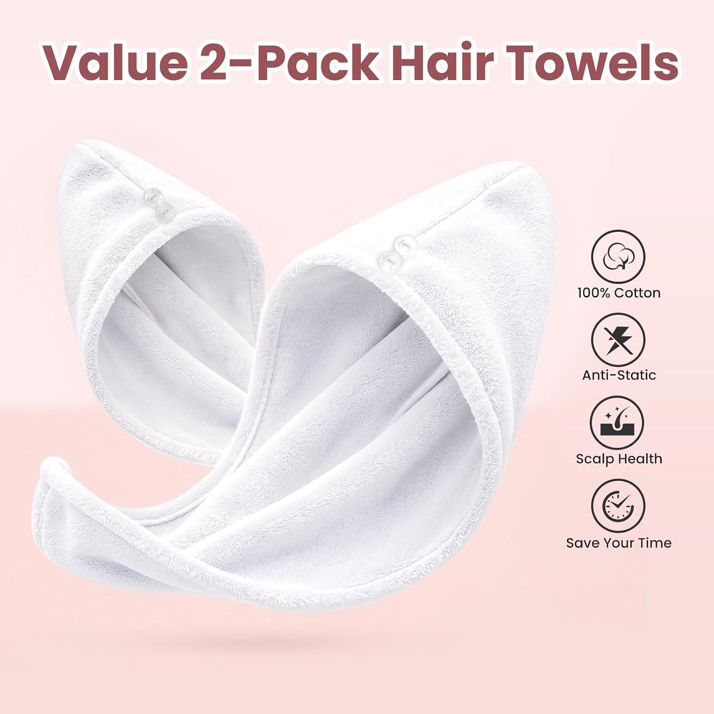 Mandydov 100% Cotton Hair Towel Wrap for Women, 2 Pack Thickened & Super Absorbent Turbans, Anti Frizz Quick Dry Hair Towels (Blue, Pink Blush)