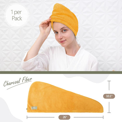 myHomeBody Hair Towel Wrap, Luxury Quick Drying Turban, Ultra Soft Absorbent Charcoal Fiber Cap, with Coconut Shell Button – Gray