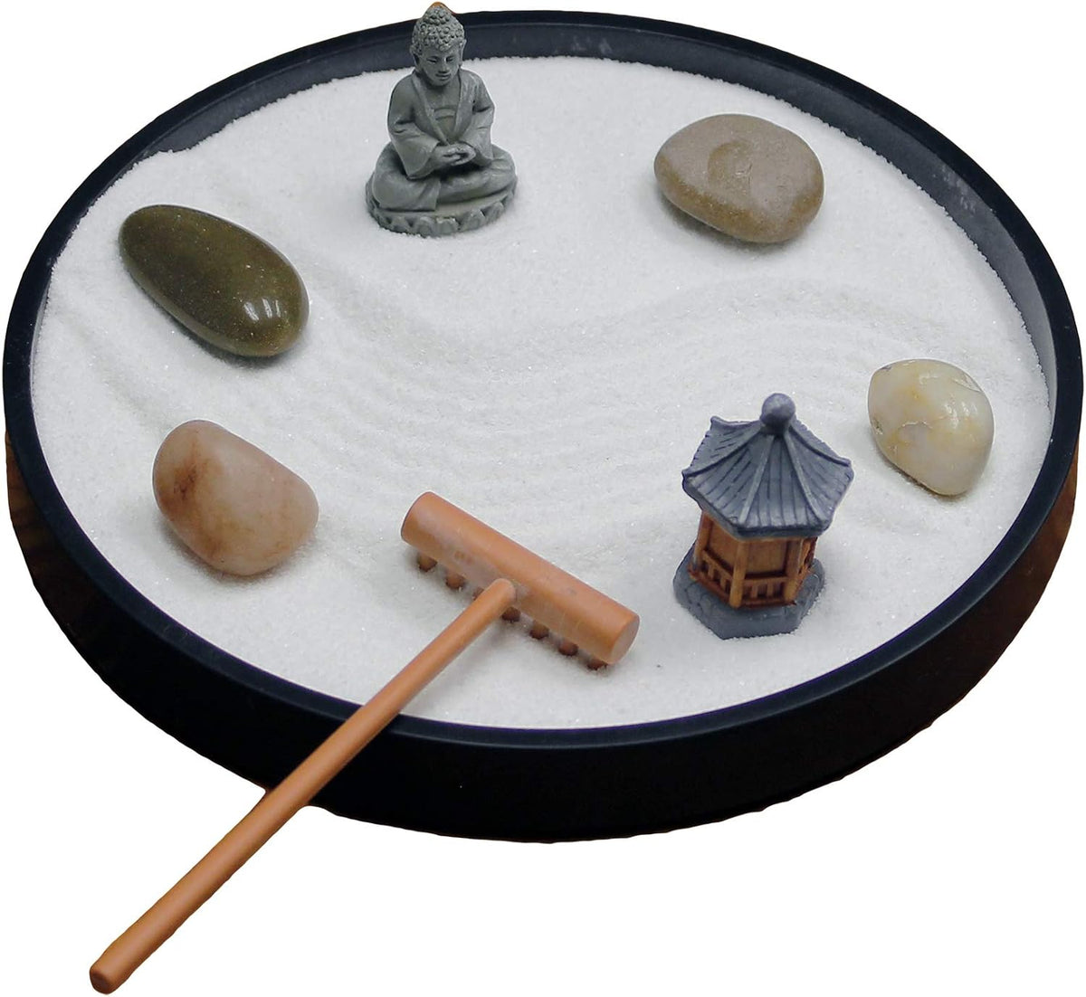 Nature's Mark Mini Zen Garden Kit for Desk with Rake, White Sand, Lotus Figure, 3 Sections Black Square Base, River Rocks and Black Rocks (9Lx9W C)