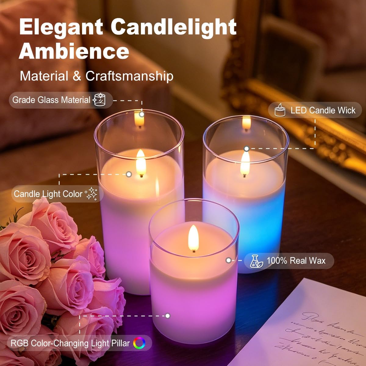 LEDHOLYT Rechargeable Flameless Glass Pillar Candles–Gifts for Women,–Set of 3, Realistic Flickering LED Flame,Remote & Timer, Ideal for Living Room, Bedroom & Halloween Festival Home Party Decor