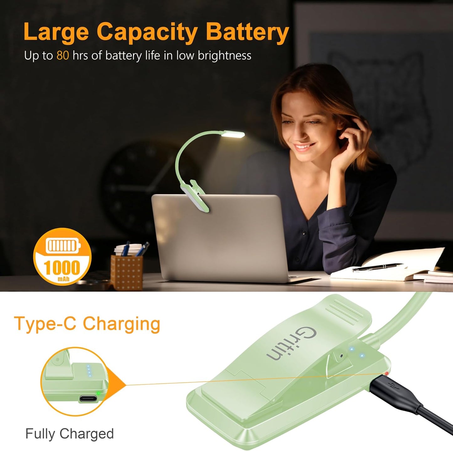 Gritin 9 LED Rechargeable Book Light for Reading in Bed | Eye Caring 3 Color Temps,Stepless Dimming Brightness,80 Hrs Runtime Small Lightweight Clip On Book Reading Light for Studying